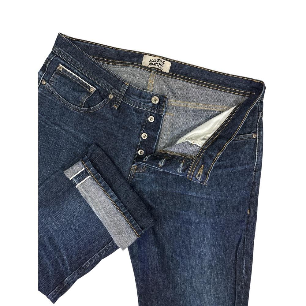Naked & Famous Wierd Guy Indigo Selvedge Denim Jeans Button Fly Mens Size 38x31
